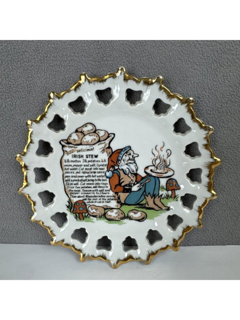 Vtg Irish Stew Recipe Porcelain Reticulated 7" Plate kitschy mushroom gold Japan